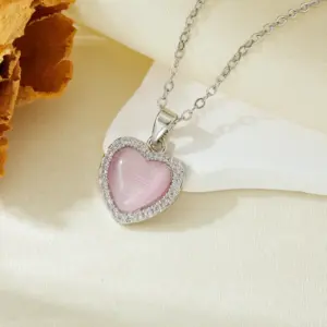 Silver Pink Stone Love Necklace T021