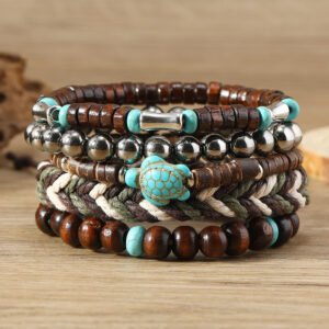 oly-a6522db7cbd1f214bd2a313a7039fd7a Wholesale Turquoise Turtle Retro Wooden Beads Wax Rope 5-Piece Braided Bracelet Set