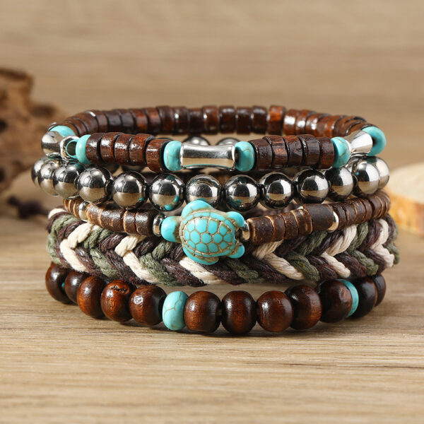 Wholesale Turquoise Turtle Retro Wooden Beads Wax Rope 5-Piece Braided Bracelet Set