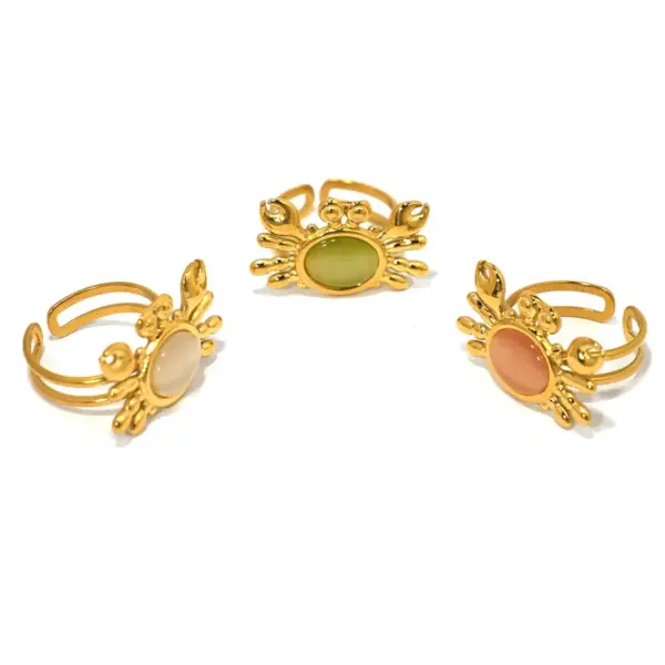 Wholesale Ion Plating (IP) Real Gold Plated 18K Gold Crab 304 Stainless Steel Cat's Eye Stone Vacation Marine Style Waterproof Non Tarnish Open Rings