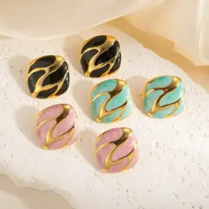 Wholesale 304 Stainless Steel Plastic Square Electroplating Imitation Gold Retro Classic Style Multicolor-Golden Yellow Ear Studs