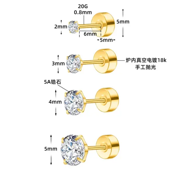 Ultra-Shiny Titanium Steel 5A Zirconium Simple Round Stainless Steel Threaded Flat Back Ear Studs Unisex Geometric Pattern Jewelry