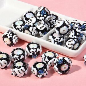 White beads + black cream + white heart + blue flower / One