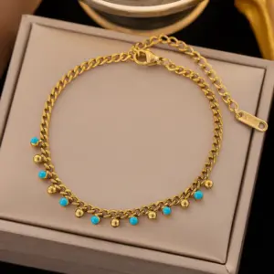 8 [Ae2116] Blue Beads Golden Balls Bracelet Gold 16 5cm