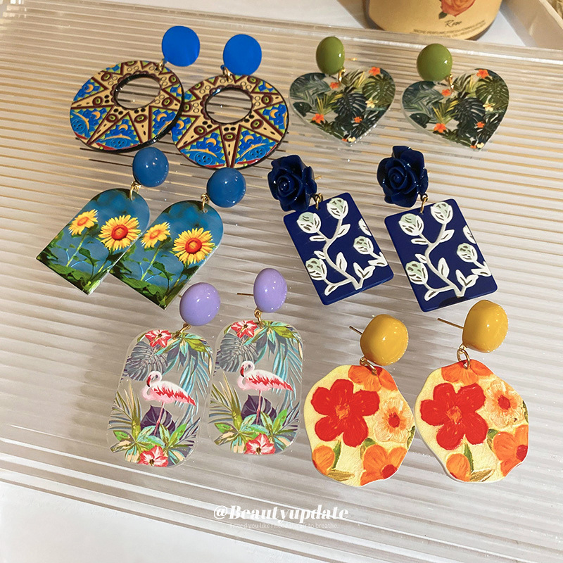 Wholesale Sier Needle French Oil Painting Suower Earrings Creative Design Flamingo Earrings Cross-border Aesthetic Artistic Style Earrings