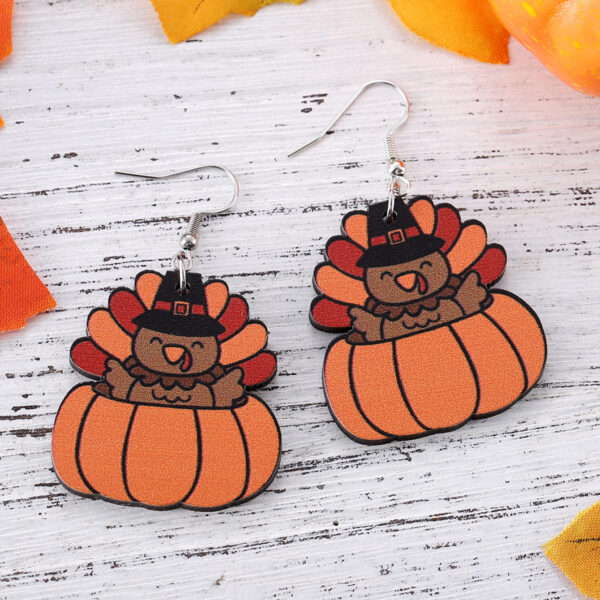 Wholesale Cross-Border New Autumn Harvest Thanksgiving Turkey Pumpkin Funny Pendant Earrings Wooden Double-Sided Earrings Gift