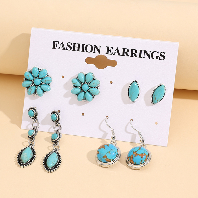 Wholesale Foreign trade European and American earrings combination retro National style horse eye flower Pine stone earrings ops tassel set