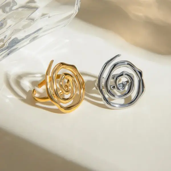 304 Stainless Steel Spiral Thread PVD Coated 18K Real Gold Plated Real Gold Plated IG Style Waterproof Non Tarnish Plating Gold Open Rings