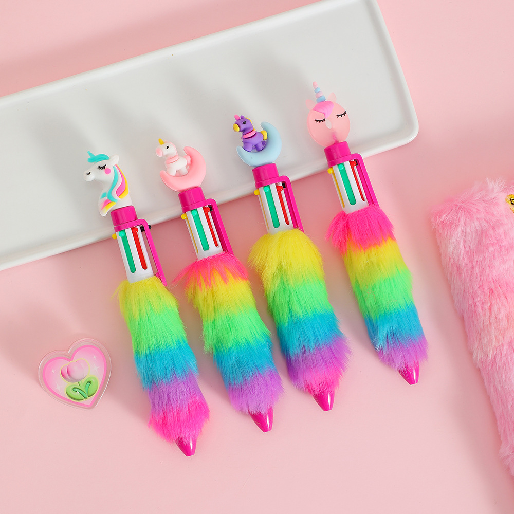 Wholesale Push-type cartoon plush unicorn six-color ballint pen
