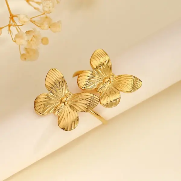 Wholesale PVD Coated Real Gold Plated Butterfly Bow Knot 304 Stainless Steel Classical Romantic Solid Color Waterproof Non Tarnish Open Rings