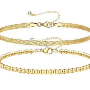 Gold Snake Bones Chain 4mm Beads Chain Anklet Two-Piece Set