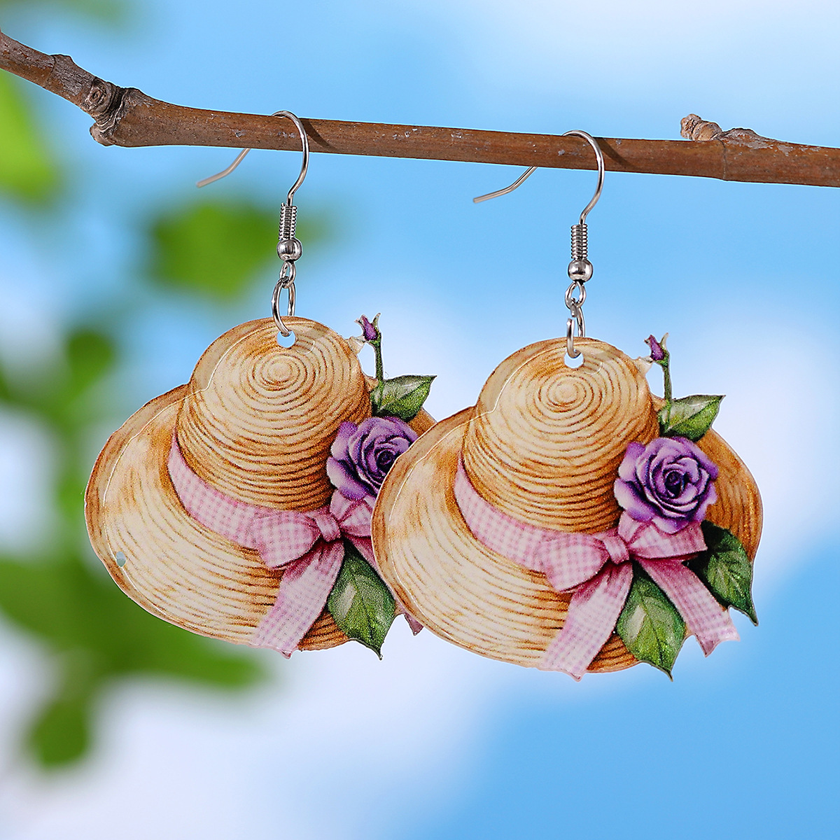Wholesale Pink Bow Flower Straw Hat Acrylic Pendant Earrings