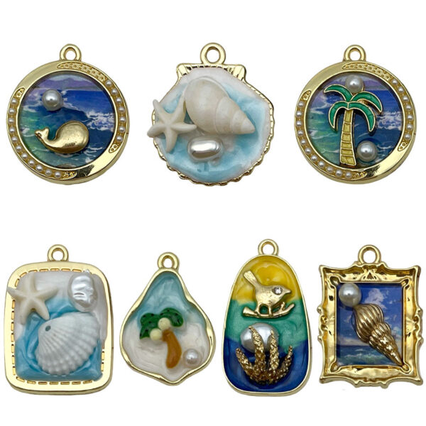 Wholesale French Oil Painting Blue Ocean Series DIY Alloy Oil Dripping Accessories Cat Eye Crab Jellyfish Pendant Necklace Earrings
