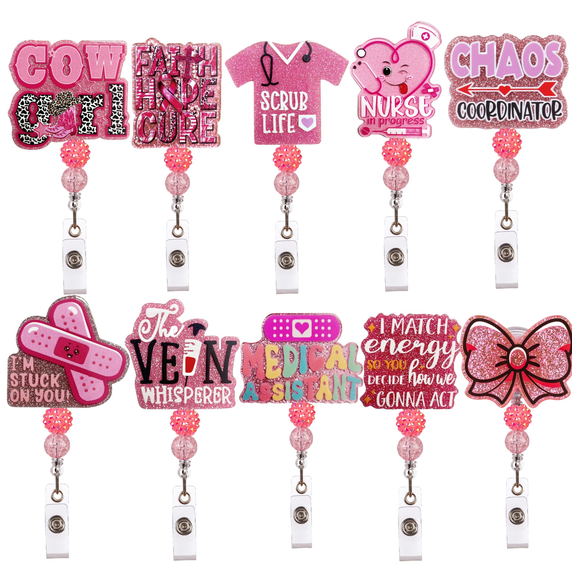 Wholesale Cross-border Explosions Acrylic Glitter Medical DIY Beaded Diamond Ball Bow with wder Beads Easy to Pull Buckle ID Clip