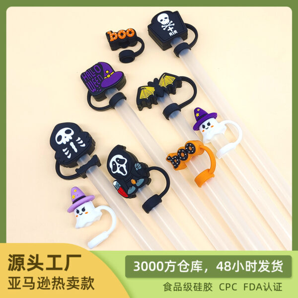 Wholesale Cross-border new 10mm food grade silicone straw sleeve Halloween straw cap dustproof cap straw cap
