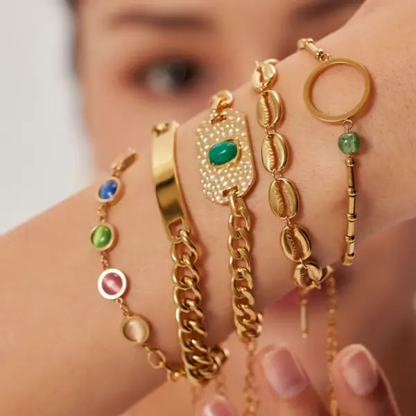 Wholesale INS Style Hip-Hop Oval Shell Stainless Steel Artificial Gemstones Bracelets In Bulk