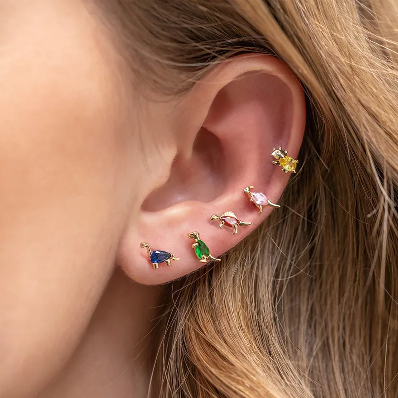 Wholesale 1 Pair Casual Dinosaur Copper Metal Inlay Zircon Ear Studs