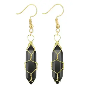 Gold Obsidian Earrings / Wire-Wound Hexagon Prism Earrings