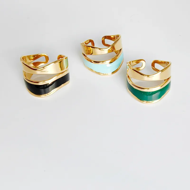 Wholesale 304 Stainless Steel Geometric PVD Coated 14K Gold Plated Casual Simple Style Waterproof Non Tarnish Enamel Plating Gold Open Rings