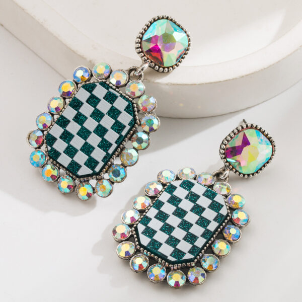 Wholesale Diamond-encrusted checkered earrings, women's alloy square stud earrings