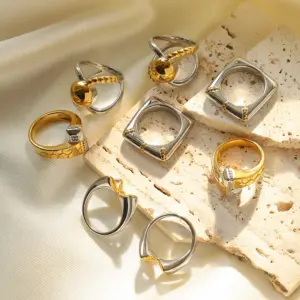 Wholesale Ion Plating (IP) 14K Gold Real Gold Plated Geometric 304 Stainless Steel Hip-Hop Roman Style Commute Waterproof Non Tarnish Rings