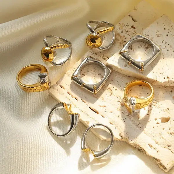 Wholesale Ion Plating (IP) 14K Gold Real Gold Plated Geometric 304 Stainless Steel Hip-Hop Roman Style Commute Waterproof Non Tarnish Rings