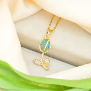 Xl2385 Sea Blue Tulip Necklace / Gold