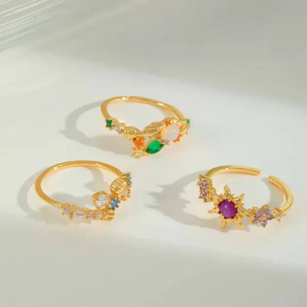 Wholesale Jewelry Cute Sweet Sun Flower Shell Copper Zircon 14K Gold Plated Open Rings