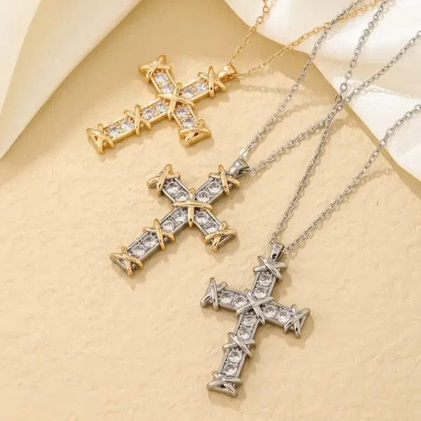 Wholesale Casual Cross 304 Stainless Steel Copper Inlay Gold Plated Silver Plated Zircon Pendant Necklace
