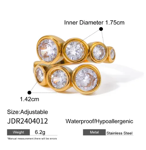 Wholesale 304 Stainless Steel Geometric Water Droplets PVD Coated Zircon 18K Real Gold Plated Real Gold Plated IG Style Waterproof Non Tarnish Inlay Gold Open Rings