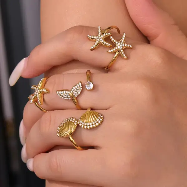 Wholesale Stainless Steel Open Ring Fish Tail Starfish Shell 5A Zirconia True Gold Plated Ocean Series Index Finger Jewelry Luxury Romantic