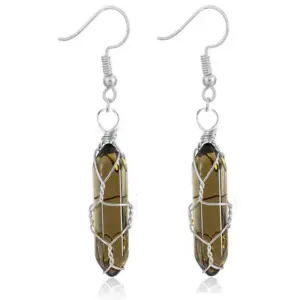 Silver Transparent Brown Earrings / Wire-Wound Hexagon Prism Earrings