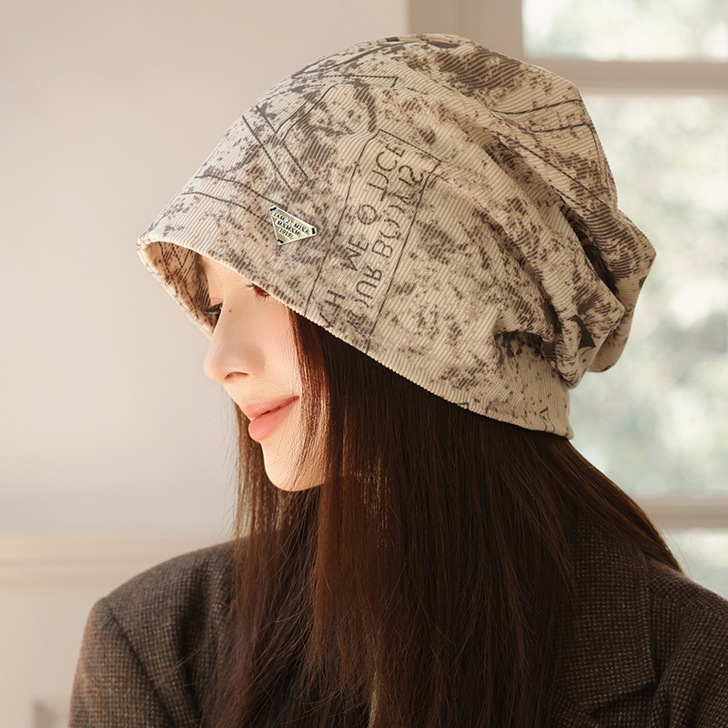 Wholesale Autumn and Winter New Printed Slouchy Beanie Korean Style Windproof Face-Slimming Small Turban Hat Warm Casual Versatile Hat for Women