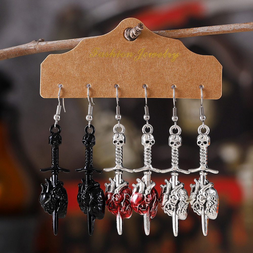 Wholesale Amazon's best-selling Sword Piercing Heart Earring Set - Retro Gothic Skull Earrings