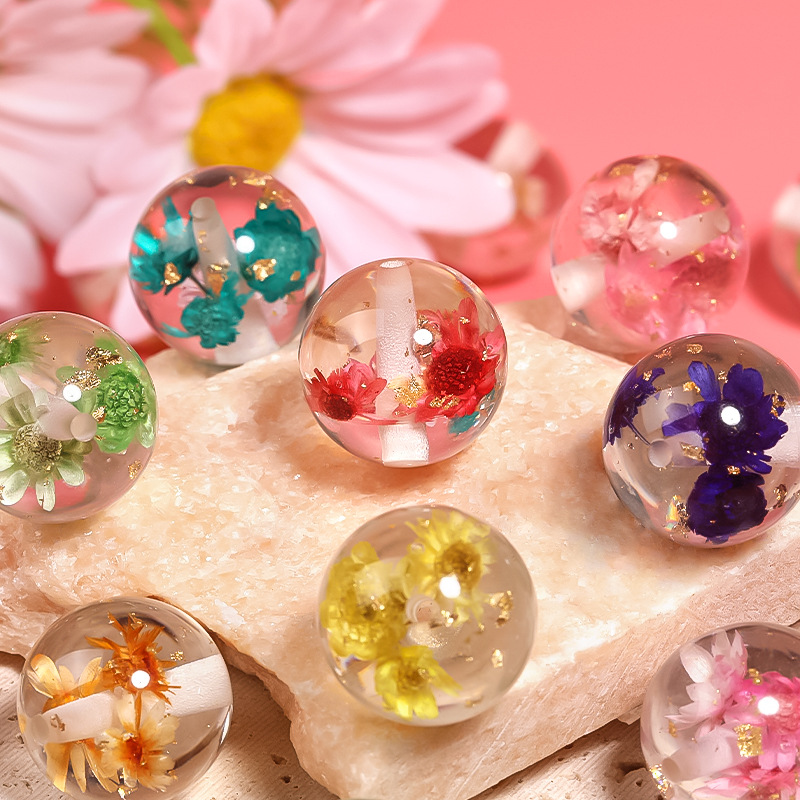 Wholesale natural ied flower resin round beads transparent gold foil beaded diy mobile phone chain key chain aessories beads loose beads