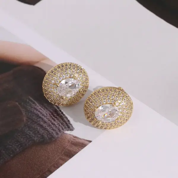 Wholesale Elegant Oval Full Zircon Earrings For Women Geometric Versatile High-End Feeling Style Fashion Jewelry