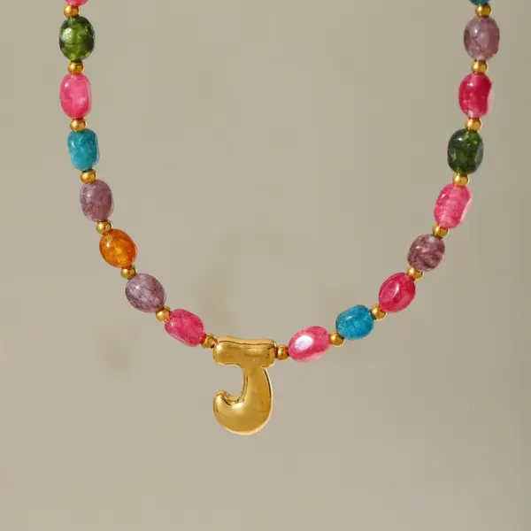 Wholesale Casual Elegant Classical Geometric Letter 304 Stainless Steel Natural Stone 14K Gold Plated 18K Gold Plated Natural Stone Beaded Chain Pendant Necklace In Bulk