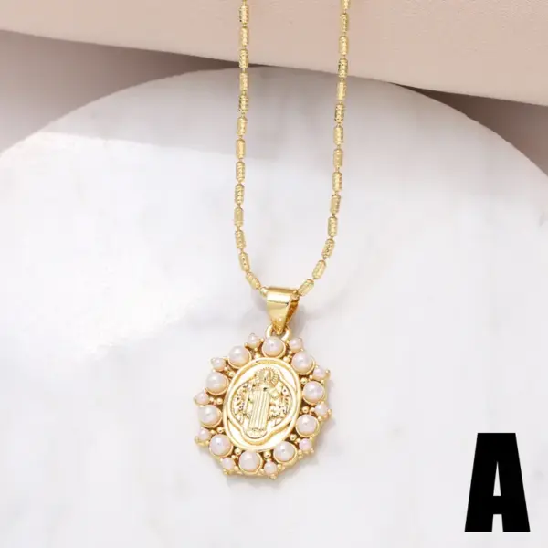 Wholesale 201 Stainless Steel Copper Bamboo Necklace 18K Gold Plated Plating Inlay Portrait Virgin Mary Heart Shape Zircon Pendant Necklace