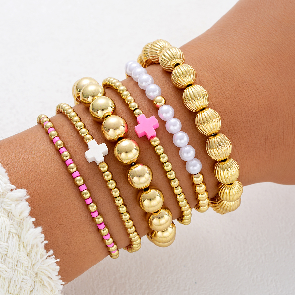 Wholesale Cross-border European and American Color Fashion Dopamine Cross Pearl B Bracelet 6-piece Set Creative Geometric Hand Jewelry for Women