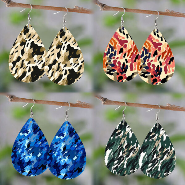 Wholesale Cross-Border Hot-Selling Military Green Colorful Camouflage Water Drop Pendant Earrings for Women Pu Leather Double-Sided Earrings Earrings Gifts