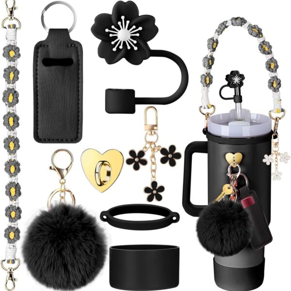 Wholesale Stanley Cup Decorative Straw Cap Cup Set Cup Chain Ins Colorful Begonia Flower Key Pendant Fur Ball Pendant