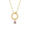Wholesale Fashion Colorful Zodiac Stone Square Pendant Micro Inlaid Zircon Pin Stainless Steel Necklace Unisex Geometric Pattern Jewelry