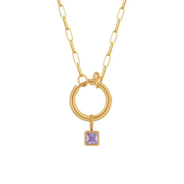 Wholesale Fashion Colorful Zodiac Stone Square Pendant Micro Inlaid Zircon Pin Stainless Steel Necklace Unisex Geometric Pattern Jewelry