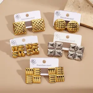 Water-Plated Round And Square Hoops Earrings Stainless Steel 201 Rhinestone Lattice Design Fashionable Casual Minimalist Style