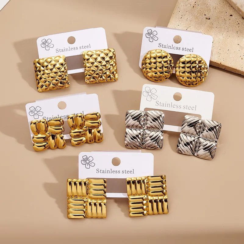 Wholesale Water-Plated Round And Square Hoops Earrings Stainless Steel 201 Rhinestone Lattice Design Fashionable Casual Minimalist Style