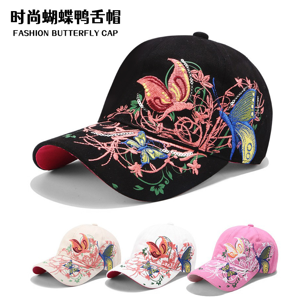 Wholesale Cross-Border pular Hat for Women in Autumn and Winter Fashion Sequined Butterfly Embroidered Baseball Cap Embroidered Peaked Cap Sun Protect