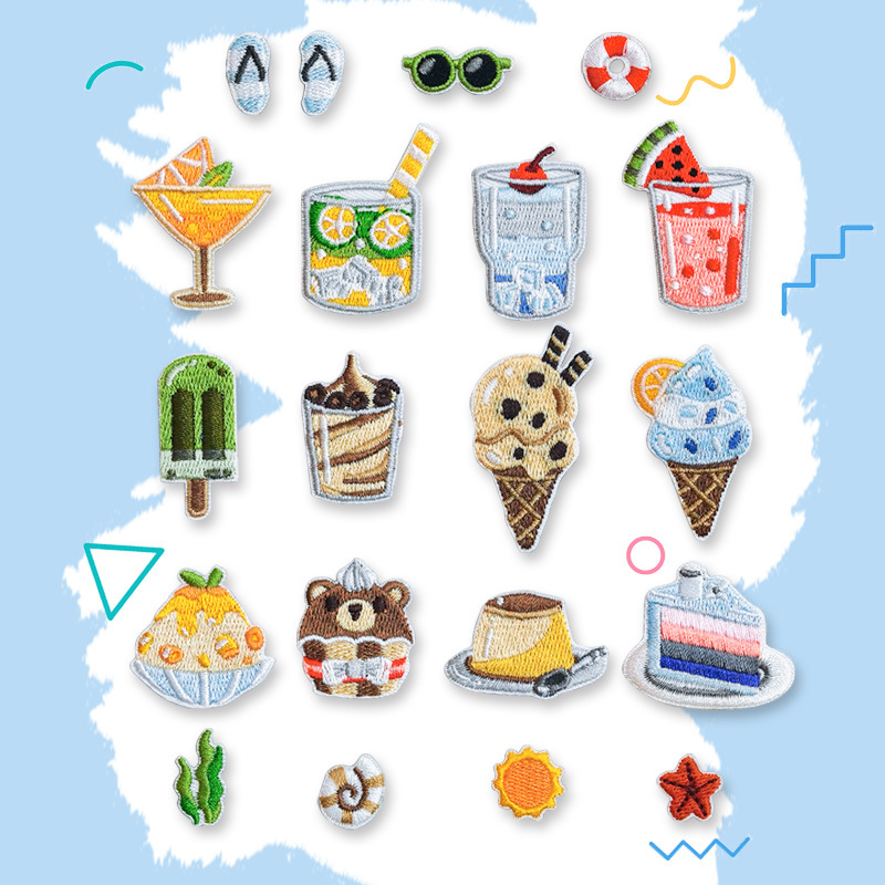 Wholesale Computer embroidery summer afternoon tea cartoon cloth stickers self-adhesive clothing patch wholesale clothing aessories embroidery sticker