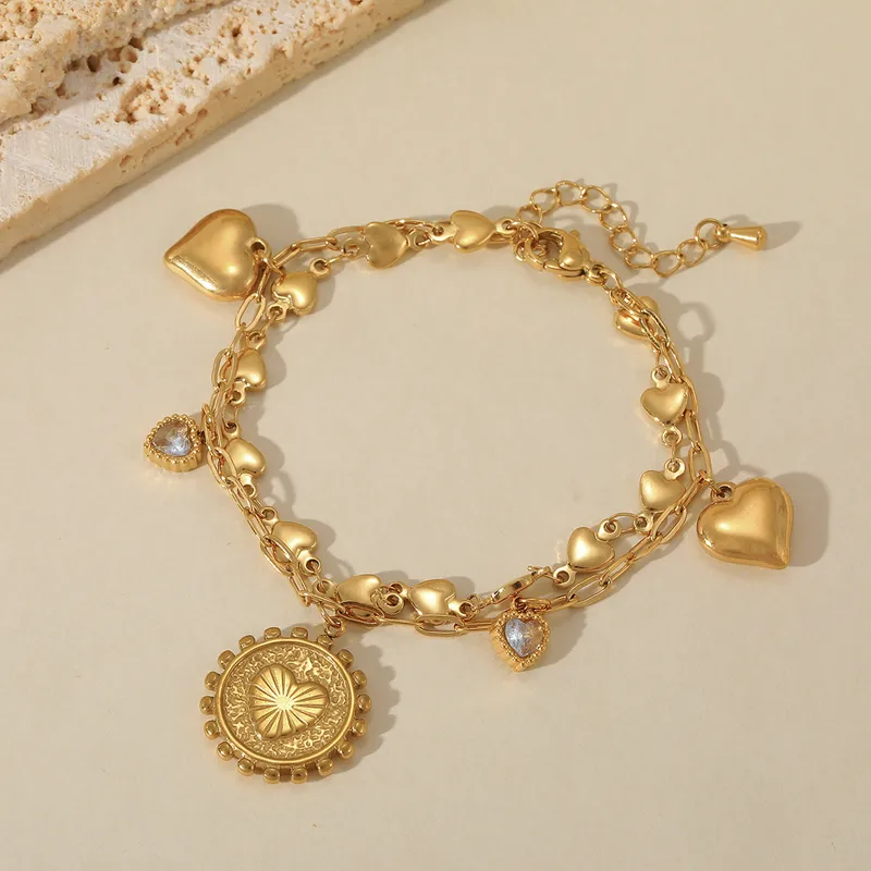 Wholesale Casual Elegant Cute Heart Shape 304 Stainless Steel 18K Gold Plated Zircon Paperclip Chain Bracelets In Bulk