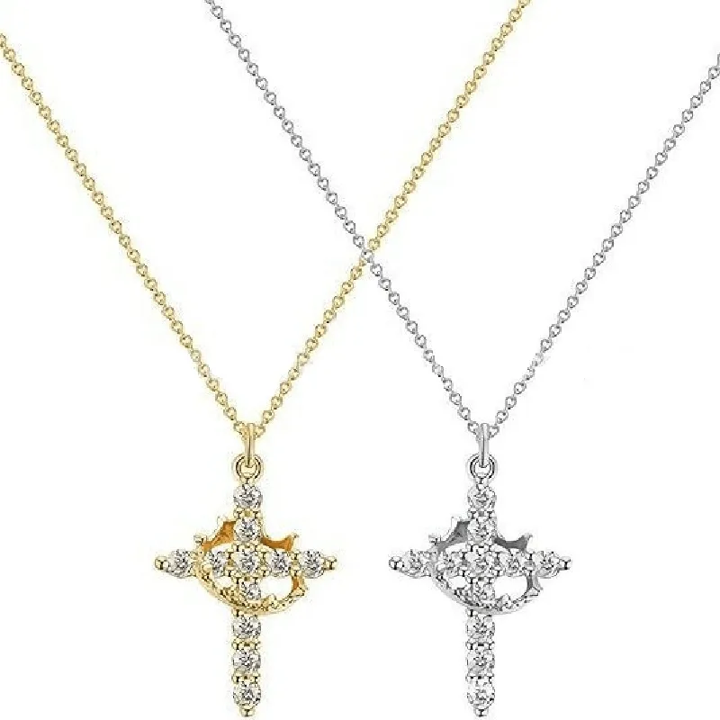 Wholesale Jewelry Casual Cross 201 Stainless Steel Copper Zircon K Gold Plated Silver Plated Cable Chain Pendant Necklace