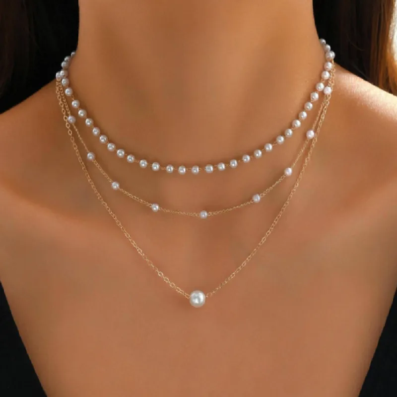 Wholesale Simple Style Geometric Artificial Pearl Alloy Plating Women's Three Layer Necklace